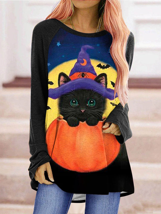 T-Shirts Cat Pumpkin Print Crew Neck Long Sleeve T-Shirt - LuckyFash™