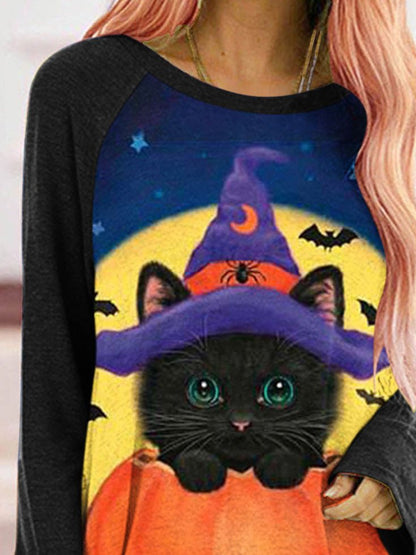 T-Shirts Cat Pumpkin Print Crew Neck Long Sleeve T-Shirt - LuckyFash™