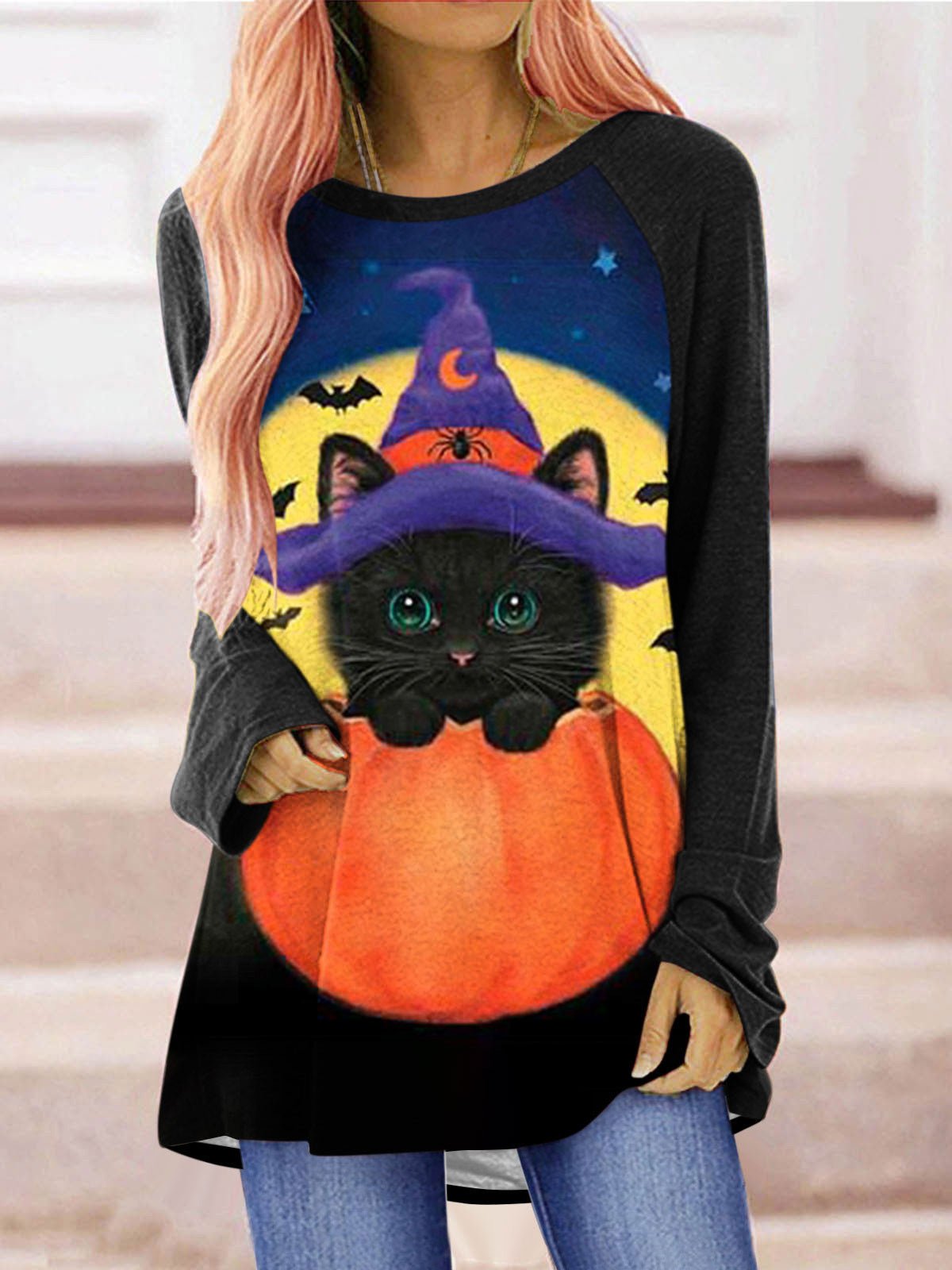 T-Shirts Cat Pumpkin Print Crew Neck Long Sleeve T-Shirt - LuckyFash™