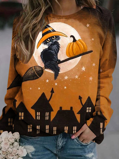 T-Shirts Cat Pumpkin Round Neck Long Sleeve T-Shirts - LuckyFash™