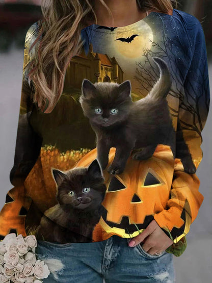 T-Shirts Cat Pumpkin Round Neck Long Sleeve T-Shirts - LuckyFash™