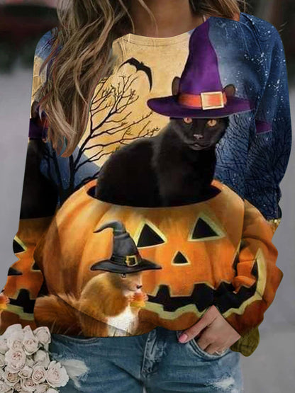 T-Shirts Cat Pumpkin Round Neck Long Sleeve T-Shirts - LuckyFash™