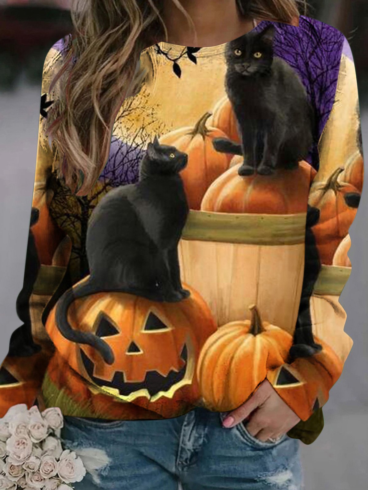 T-Shirts Cat Pumpkin Round Neck Long Sleeve T-Shirts - LuckyFash™