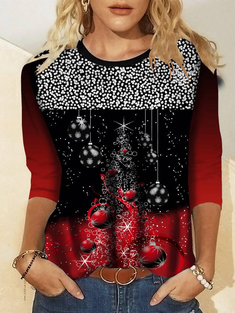 Women's T-Shirts Christmas Print Round Neck Long Sleeve T-Shirt - LuckyFash™