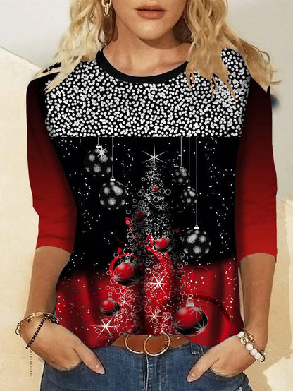 Women's T-Shirts Christmas Print Round Neck Long Sleeve T-Shirt - LuckyFash™