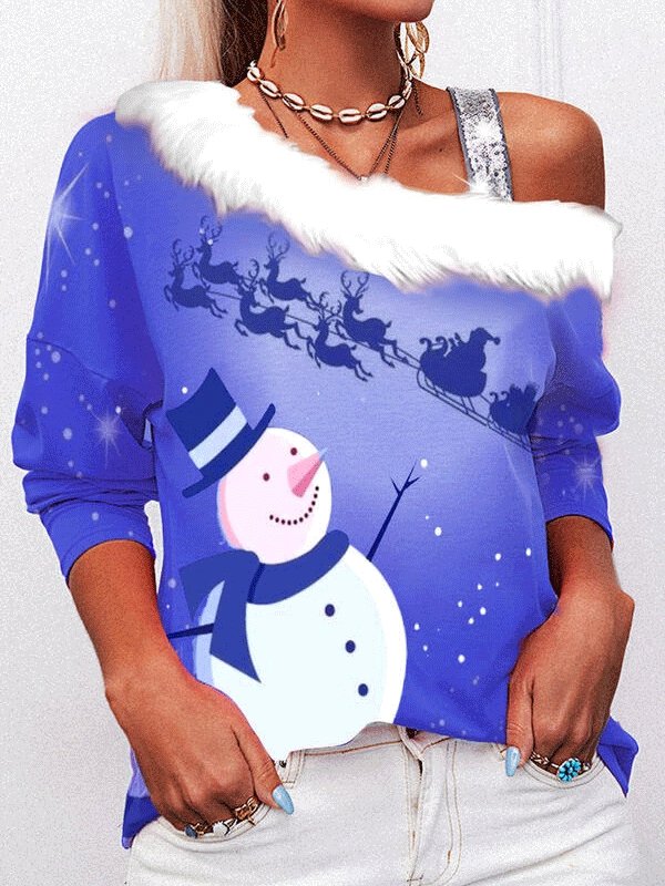 Women's T-Shirts Christmas Print Sloping Shoulder Long Sleeve T-Shirt - LuckyFash™