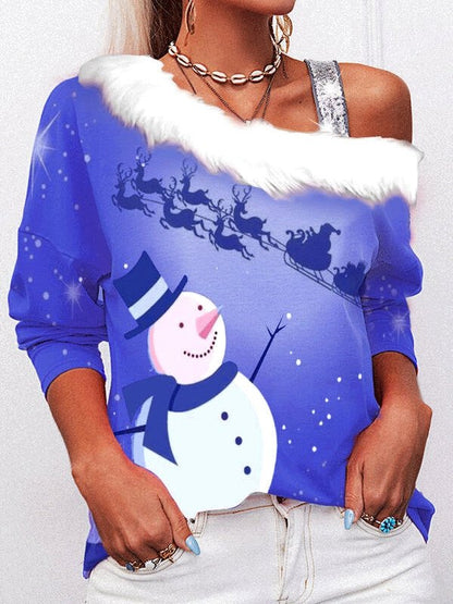 Women's T-Shirts Christmas Print Sloping Shoulder Long Sleeve T-Shirt - LuckyFash™