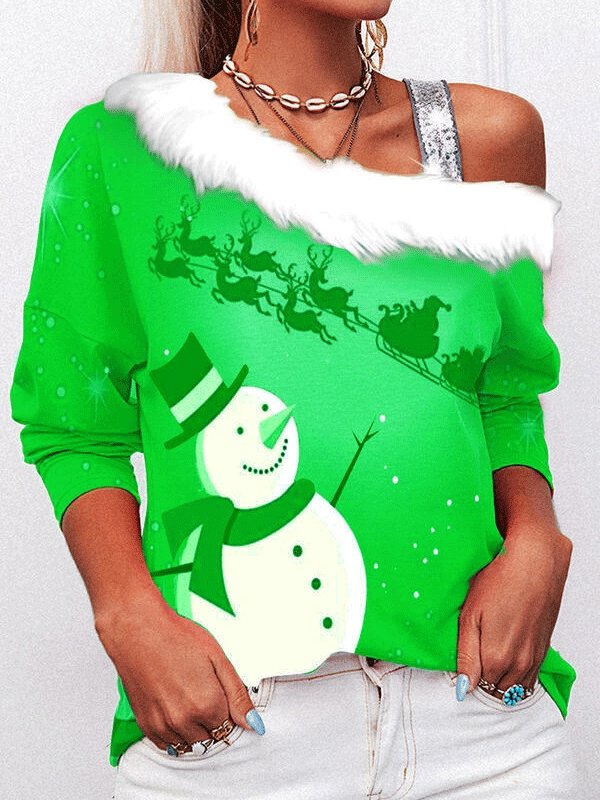 Women's T-Shirts Christmas Print Sloping Shoulder Long Sleeve T-Shirt - LuckyFash™