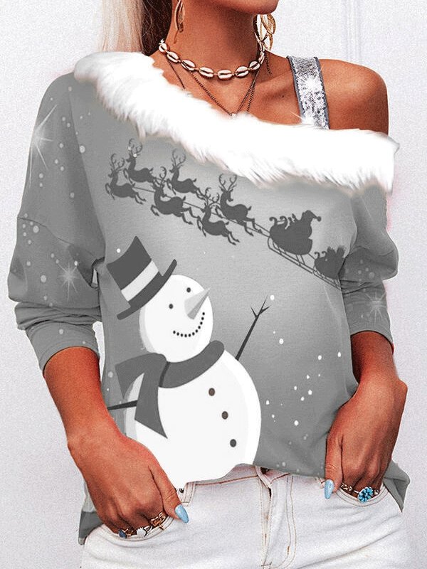 Women's T-Shirts Christmas Print Sloping Shoulder Long Sleeve T-Shirt - LuckyFash™
