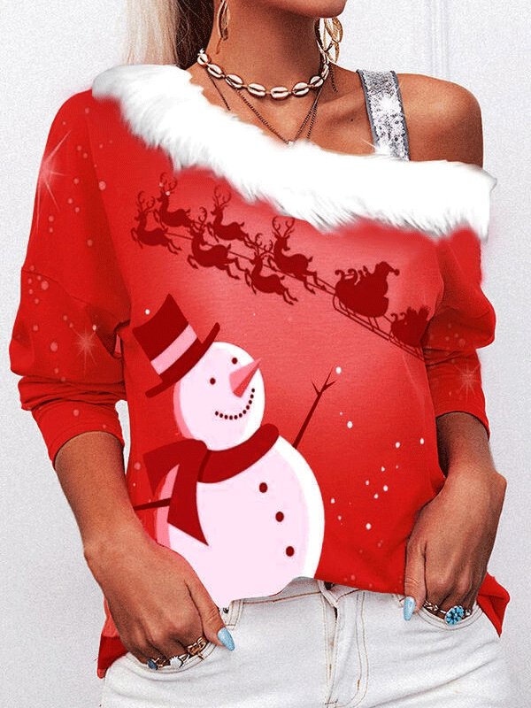 Women's T-Shirts Christmas Print Sloping Shoulder Long Sleeve T-Shirt - LuckyFash™
