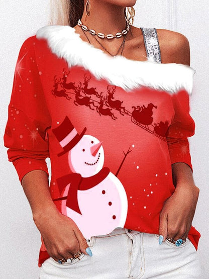 Women's T-Shirts Christmas Print Sloping Shoulder Long Sleeve T-Shirt - LuckyFash™