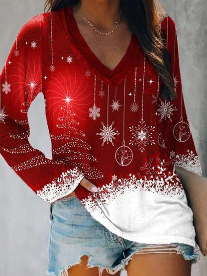 T-Shirts Christmas V-Neck Long Sleeve Casual T-Shirt - LuckyFash™