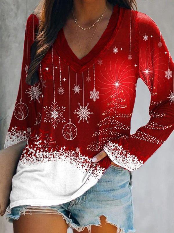 T-Shirts Christmas V-Neck Long Sleeve Casual T-Shirt - LuckyFash™