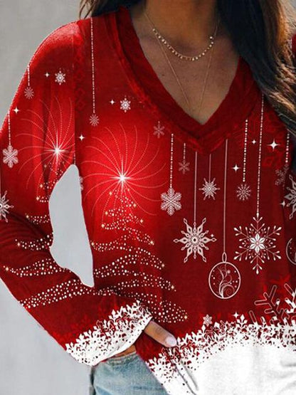 T-Shirts Christmas V-Neck Long Sleeve Casual T-Shirt - LuckyFash™