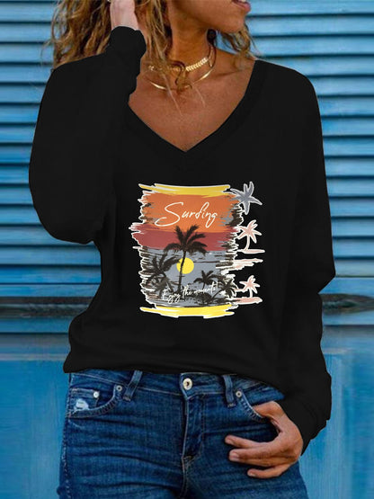 T-Shirts Coconut Print V-Neck Long Sleeve T-Shirt - LuckyFash™