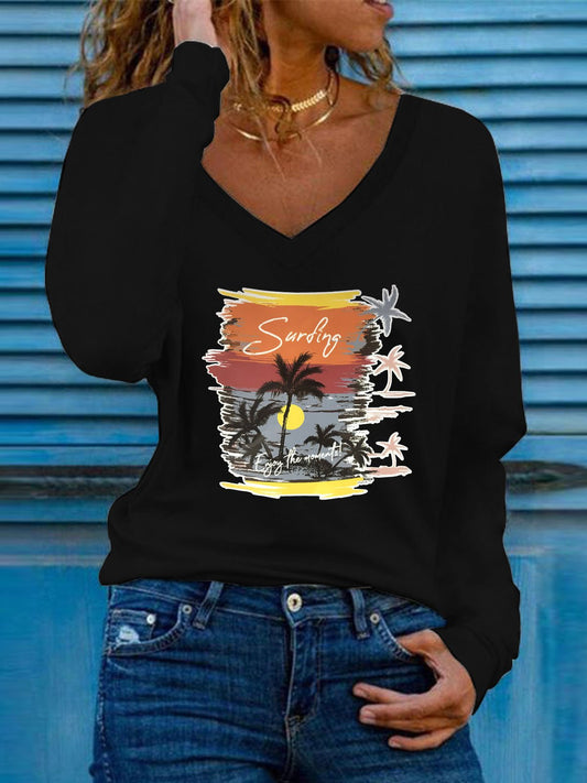 T-Shirts Coconut Print V-Neck Long Sleeve T-Shirt - LuckyFash™