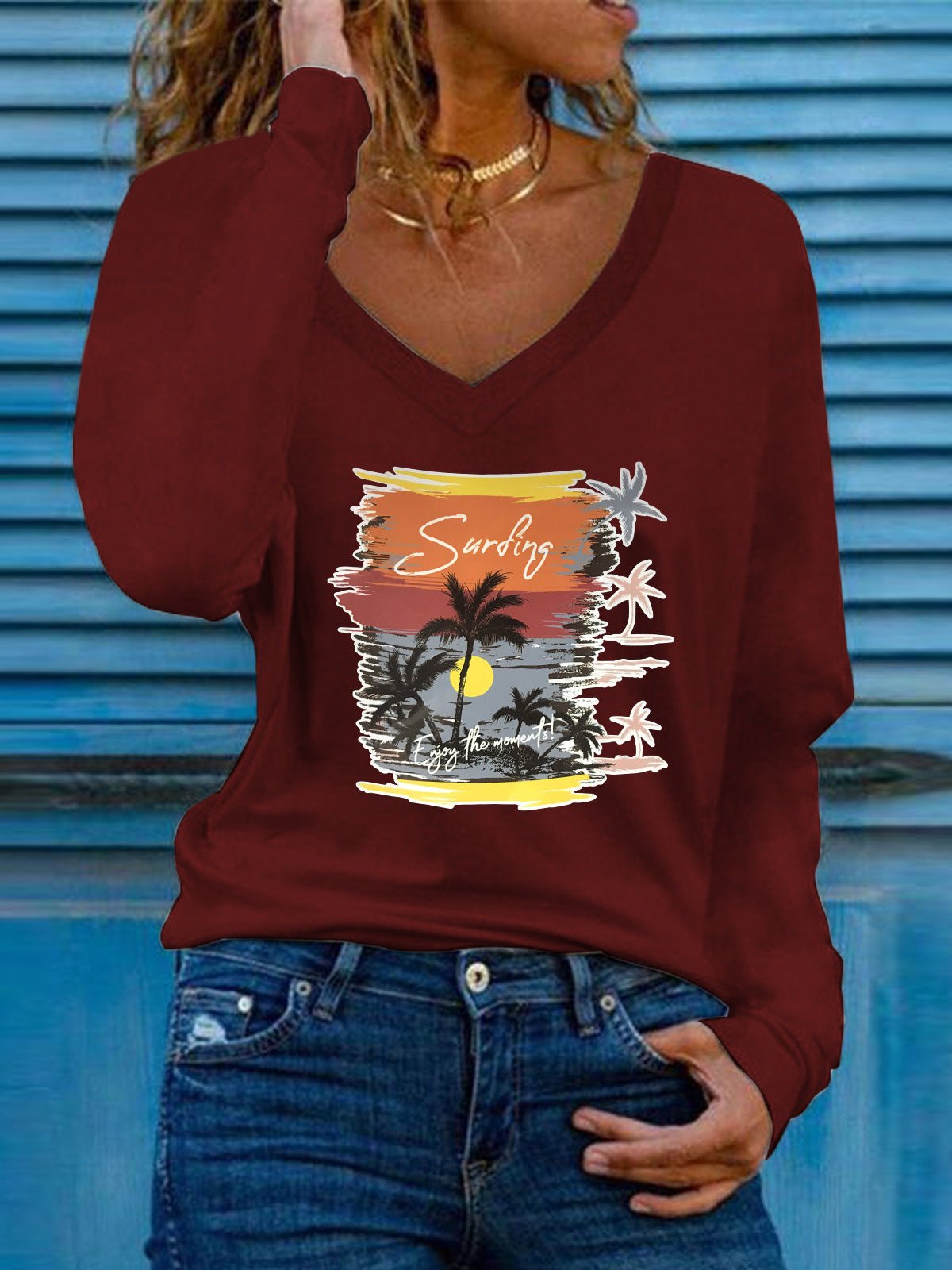 T-Shirts Coconut Print V-Neck Long Sleeve T-Shirt - LuckyFash™