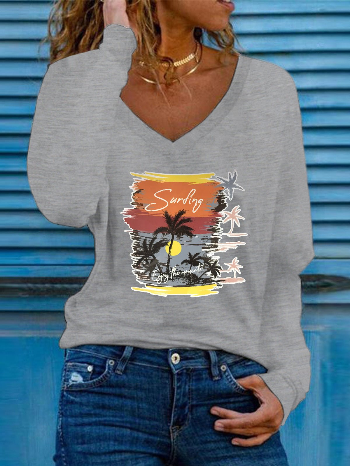 T-Shirts Coconut Print V-Neck Long Sleeve T-Shirt - LuckyFash™