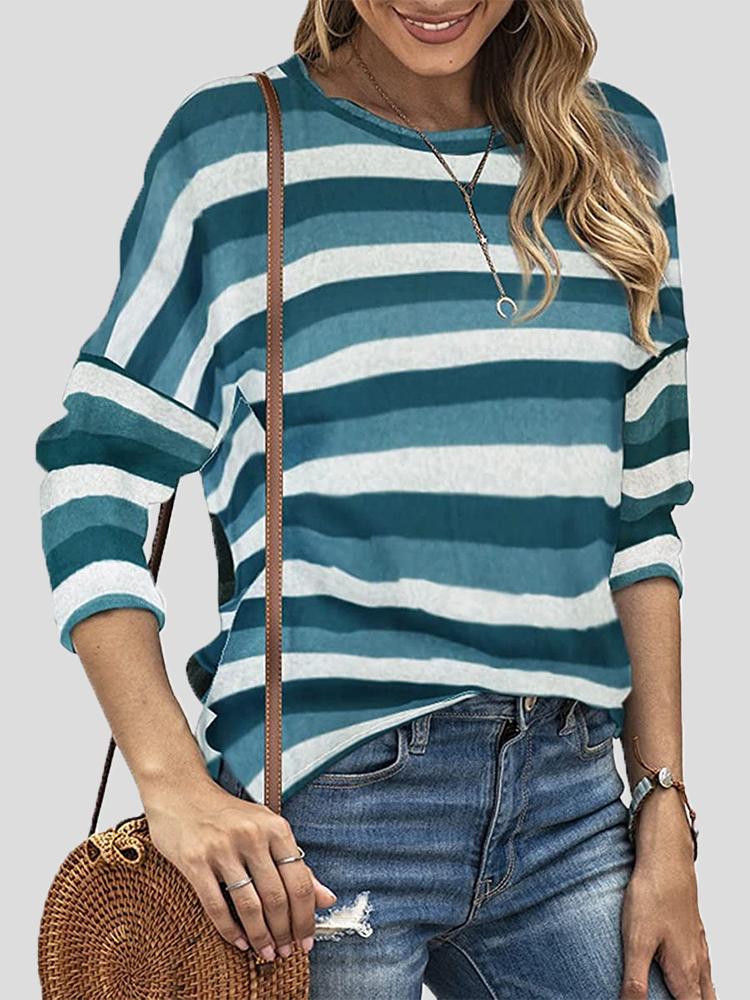 Women's T-Shirts Color Striped Round Neck Long Sleeve Split T-shirt - LuckyFash™