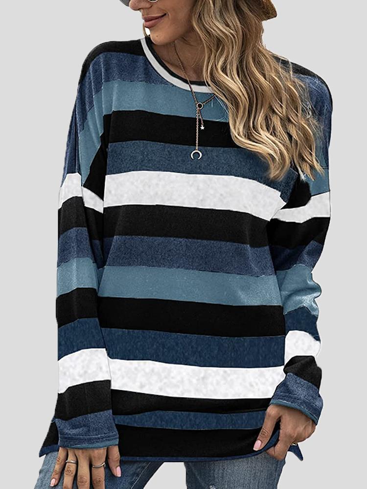 Women's T-Shirts Color Striped Round Neck Long Sleeve Split T-shirt - LuckyFash™