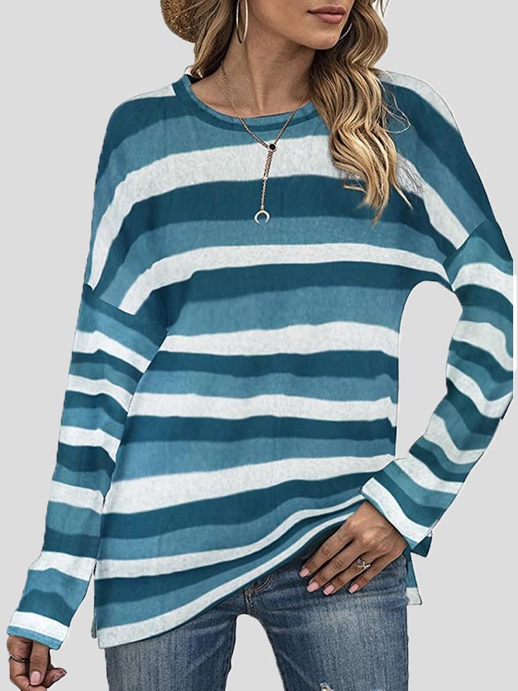 Women's T-Shirts Color Striped Round Neck Long Sleeve Split T-shirt - LuckyFash™