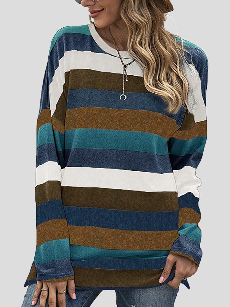 Women's T-Shirts Color Striped Round Neck Long Sleeve Split T-shirt - LuckyFash™