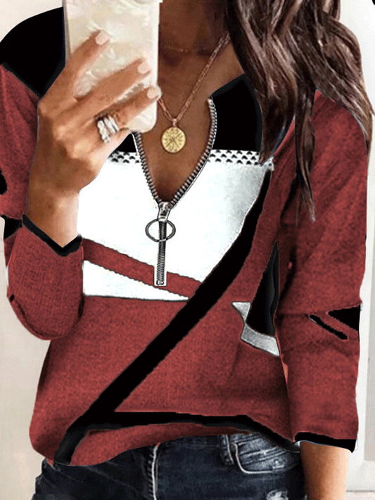 T-Shirts Colorblock Printing V-Neck Zipper Long Sleeve T-Shirt - LuckyFash™