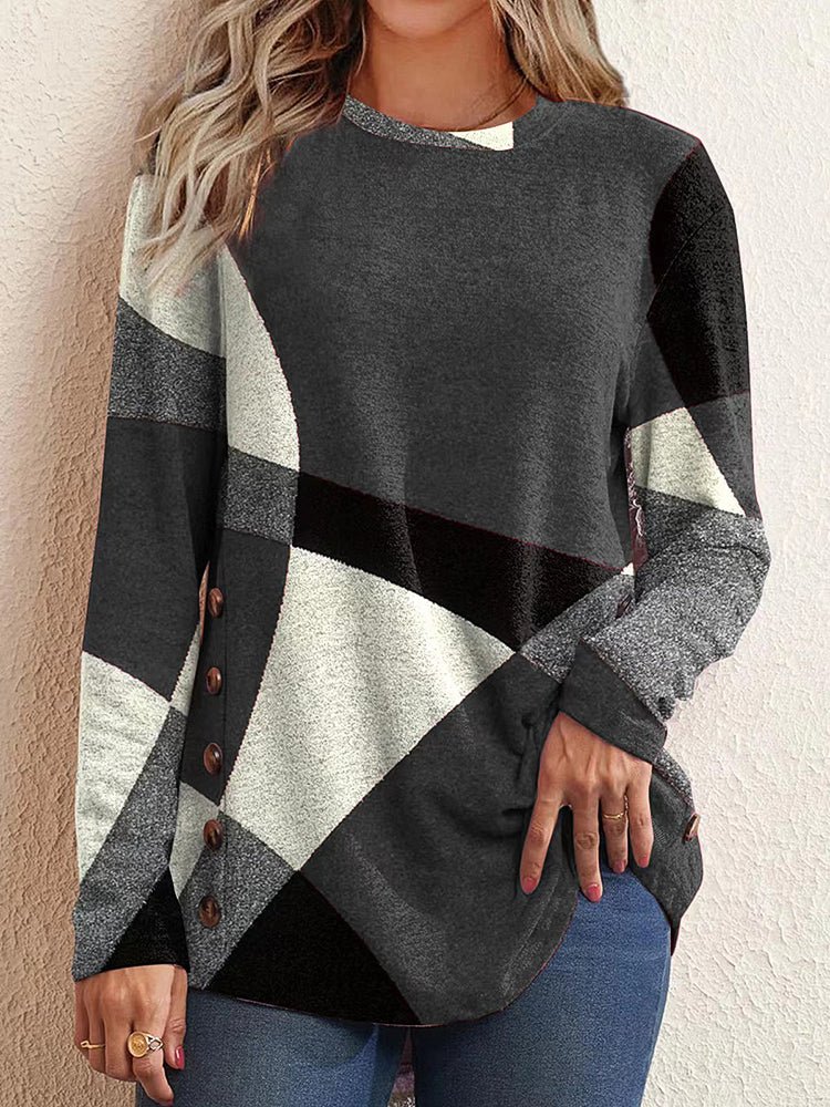 T-Shirts Contrast Print Long Sleeve Round Neck T-Shirt - LuckyFash™