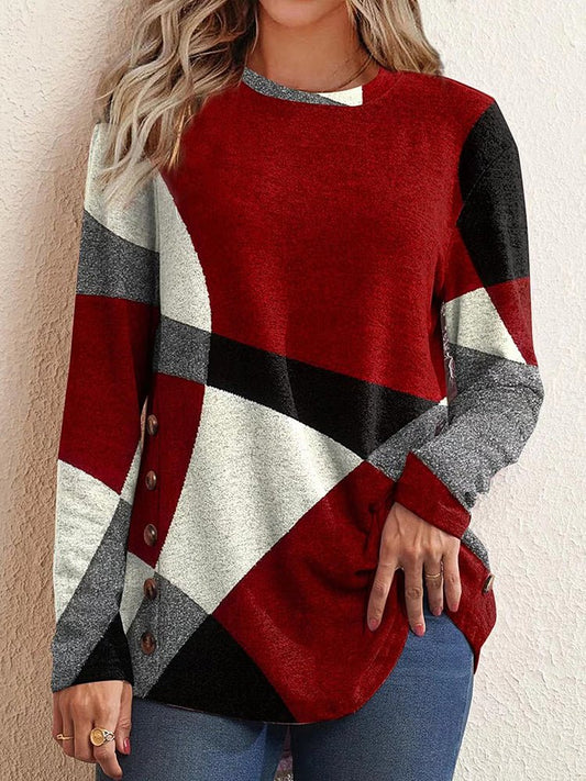 T-Shirts Contrast Print Long Sleeve Round Neck T-Shirt - LuckyFash™