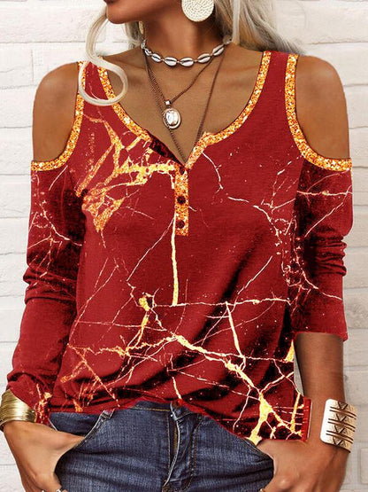 T-Shirts Crackle Print Off Shoulder Long Sleeve T-Shirt - LuckyFash™