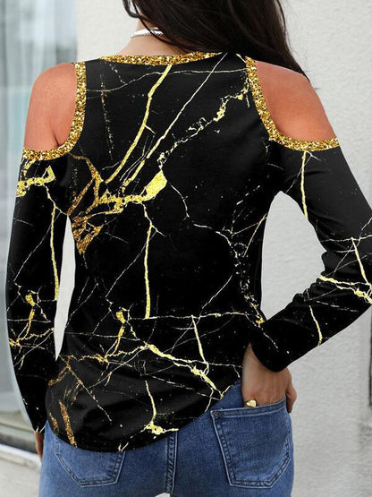 T-Shirts Crackle Print Off Shoulder Long Sleeve T-Shirt - LuckyFash™