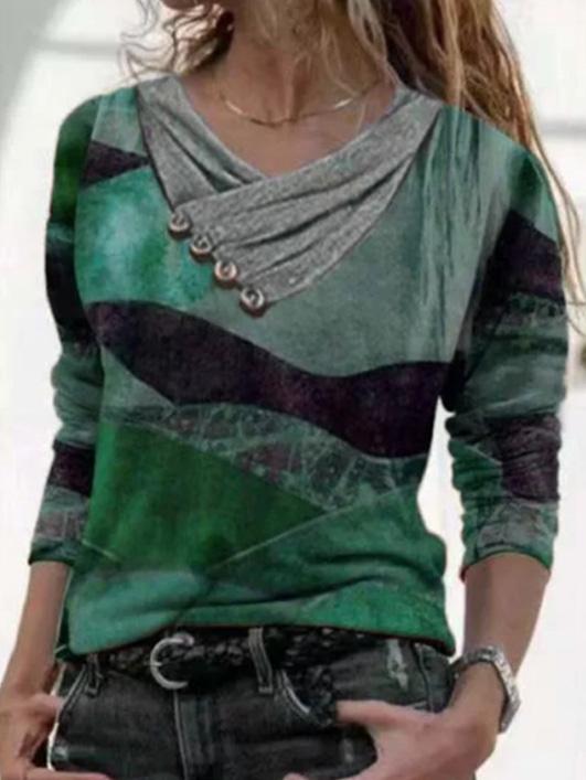 Women's T-Shirts Cross V-Neck Button Printed Long Sleeve T-Shirts - LuckyFash™