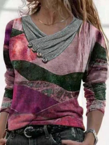 Women's T-Shirts Cross V-Neck Button Printed Long Sleeve T-Shirts - LuckyFash™