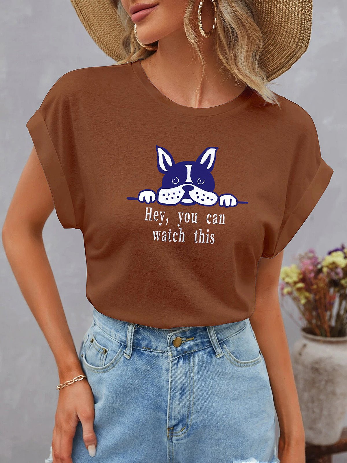 T-Shirts Cute Dolman Short Sleeve Round Neck Dog Print T-Shirt - LuckyFash™