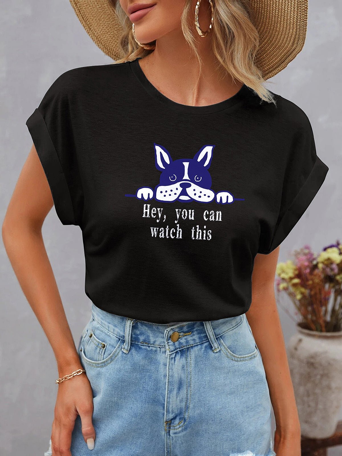 T-Shirts Cute Dolman Short Sleeve Round Neck Dog Print T-Shirt - LuckyFash™