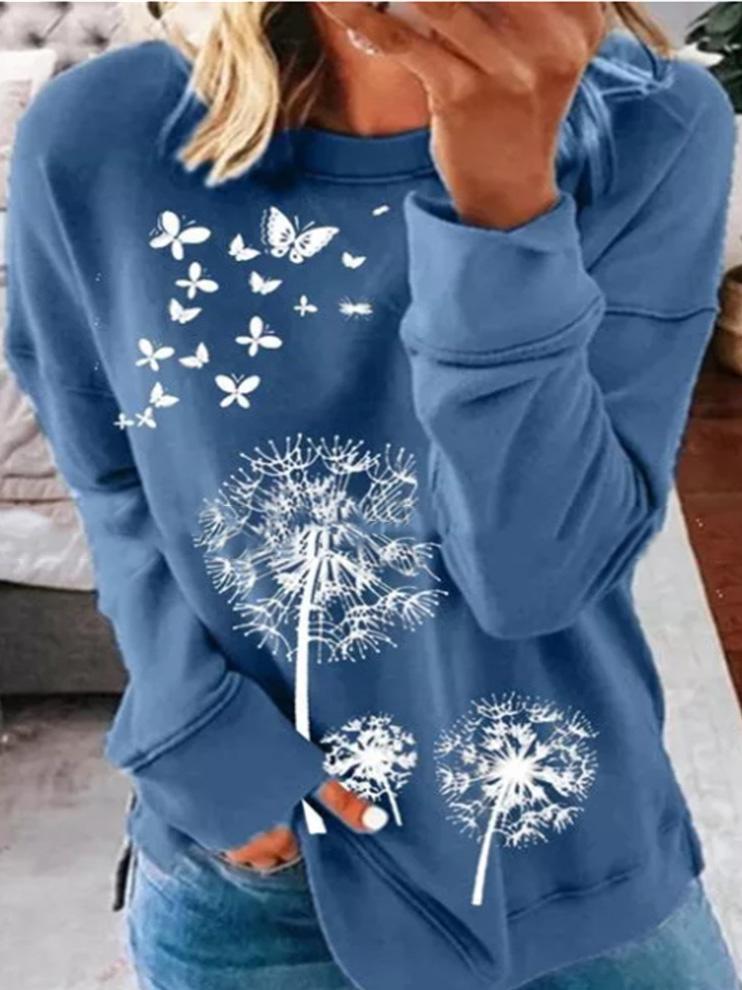 T-Shirts Dandelion Butterfly Print Round Neck Long Sleeve T-Shirts - LuckyFash™