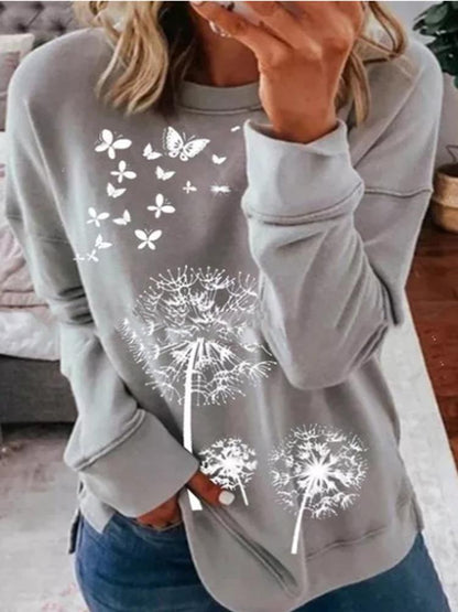 T-Shirts Dandelion Butterfly Print Round Neck Long Sleeve T-Shirts - LuckyFash™