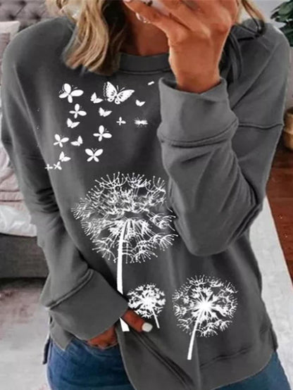 T-Shirts Dandelion Butterfly Print Round Neck Long Sleeve T-Shirts - LuckyFash™