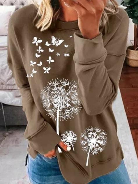 T-Shirts Dandelion Butterfly Print Round Neck Long Sleeve T-Shirts - LuckyFash™