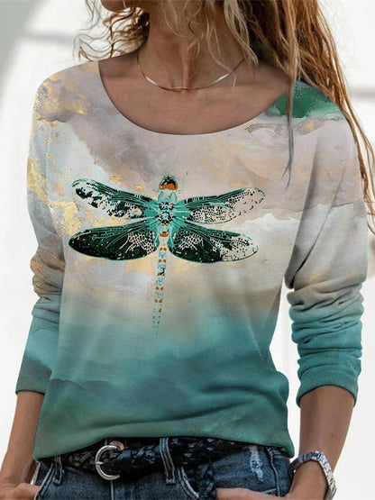 T-Shirts Dragonfly Print Crew Neck Long Sleeve T-Shirt - LuckyFash™