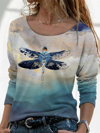 T-Shirts Dragonfly Print Crew Neck Long Sleeve T-Shirt - LuckyFash™