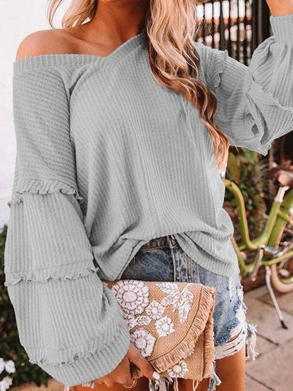 Women's T-Shirts Fashion Waffle V-Neck Lantern Sleeve T-Shirts - LuckyFash™
