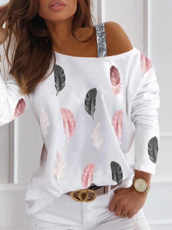 T-Shirts Feather Print Long Sleeve Off-Shoulder T-Shirt - LuckyFash™