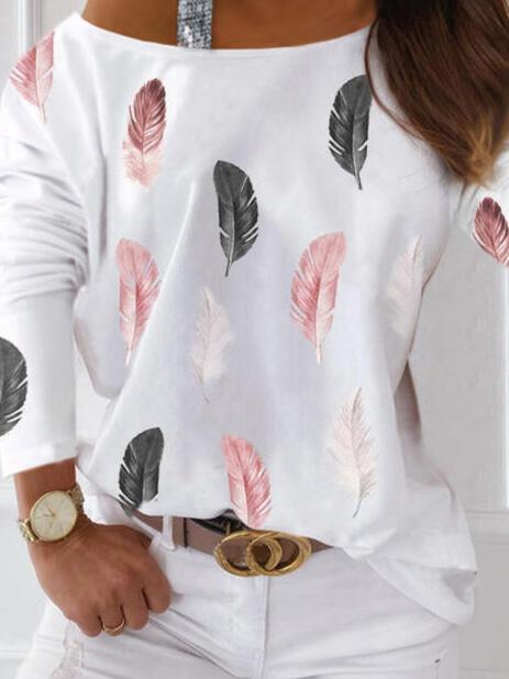 T-Shirts Feather Print Long Sleeve Off-Shoulder T-Shirt - LuckyFash™