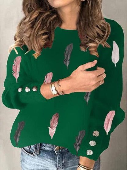 Women's T-Shirts Feather Print Round Neck Long Sleeve Knit T-Shirt - LuckyFash™
