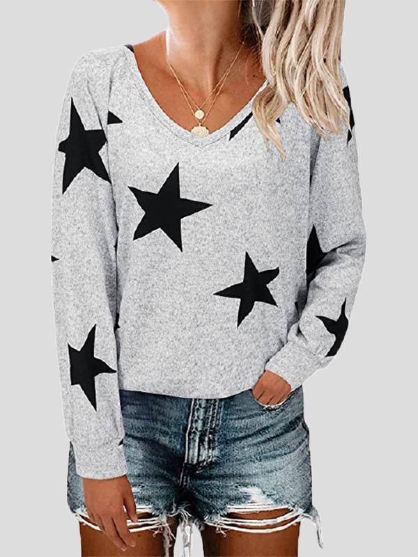 T-Shirts Five-Pointed Star Print V-Neck Long Sleeve T-Shirt - LuckyFash™