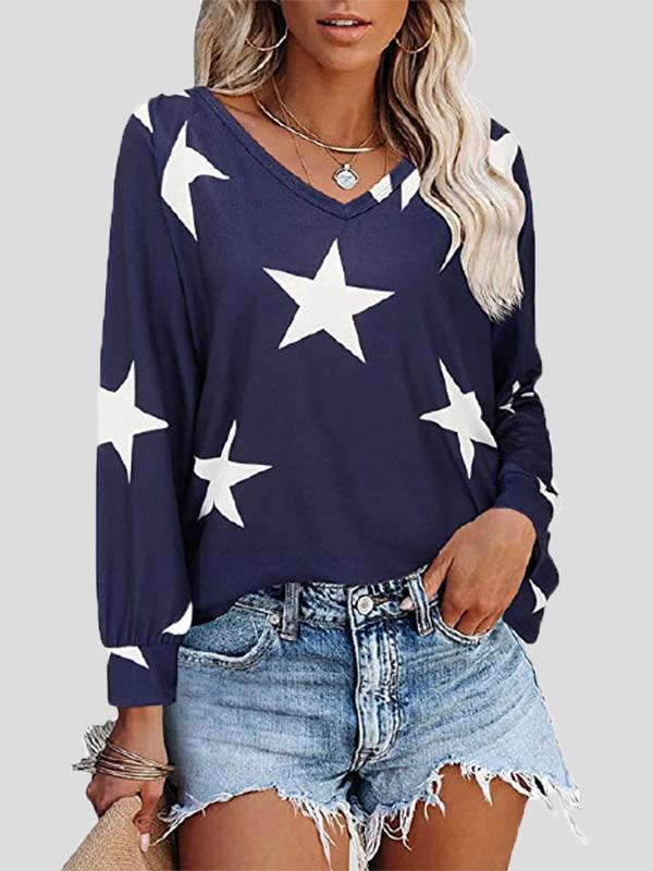 T-Shirts Five-Pointed Star Print V-Neck Long Sleeve T-Shirt - LuckyFash™