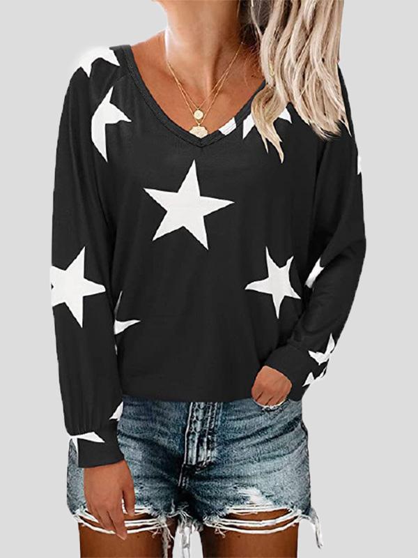 T-Shirts Five-Pointed Star Print V-Neck Long Sleeve T-Shirt - LuckyFash™