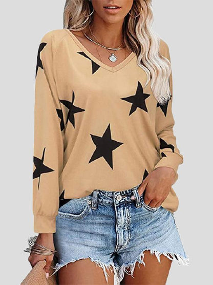 T-Shirts Five-Pointed Star Print V-Neck Long Sleeve T-Shirt - LuckyFash™