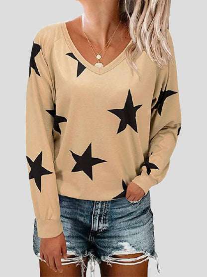 T-Shirts Five-Pointed Star Print V-Neck Long Sleeve T-Shirt - LuckyFash™